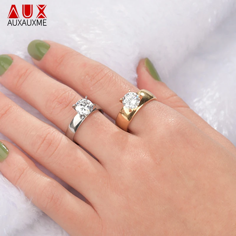 Auxauxme Shining Zirconic Lover\'s Engagement Rings Stainless Steel Engrave Name Date Wedding Band Ring Couple Women Men