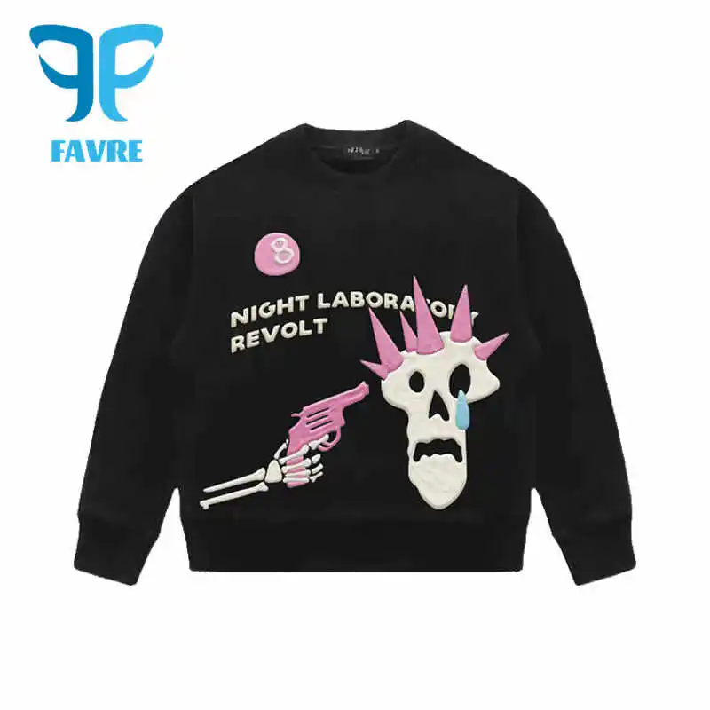 FAVRE Punk Skull Convex Foam Printing Original Hoodie Sweatshirts Men Womens Round Neck Loose Pullovers Vintage Baggy Unisx Top