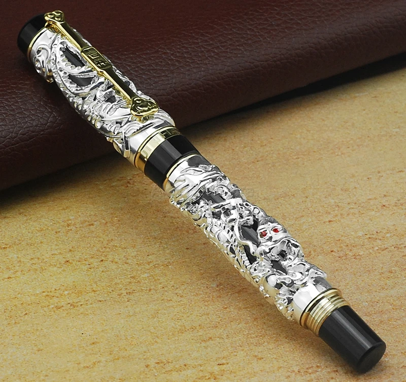 Jinhao Noble Dragon Phoenix Rollerball Pen, Metal Carving Embossing Heavy Pen, Golden & Silver For Business Writing Pen