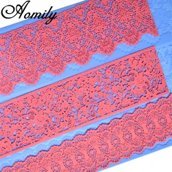 Aomily 3 in 1 Flower Lace Mold Cake Border Decoration Tool Fondant Cake 3D Mold Food Grade Silicone Mat Mould Baking Flower Mold