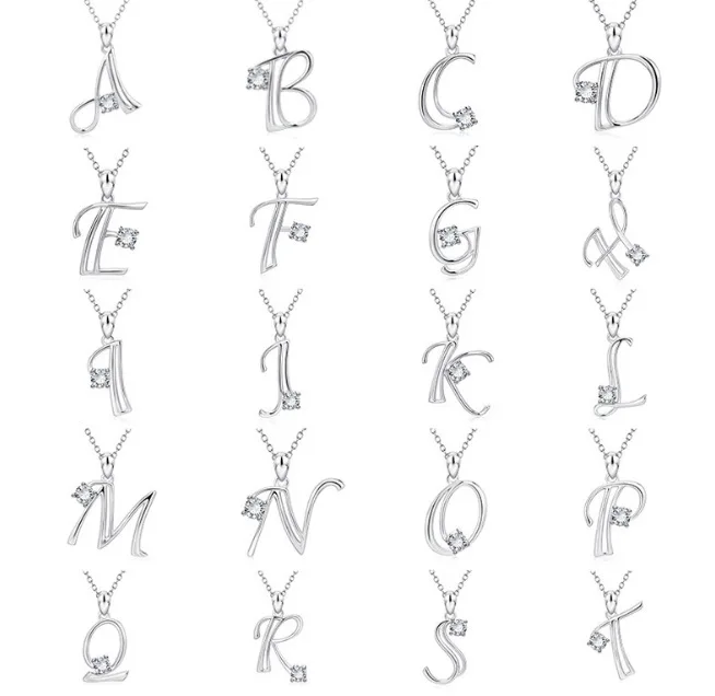 26 Letters alphabet Pendant Necklace Silver Color Handwritten Zircon Pendants Long Chain For Women Wedding Jewelry Gift