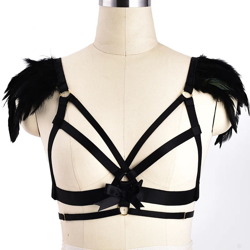 

Black Bow Punk Feather Body Harness Bra Goth CLothing Chest Hollow Out Belt Cage Shoulder Epaulettes Elastic Plus Size Dance