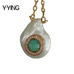 Y·YING natural Cultured White Coin freshwater Pearl Cz Pave Green Amazonite Charm gold color plated Chain Necklace 17