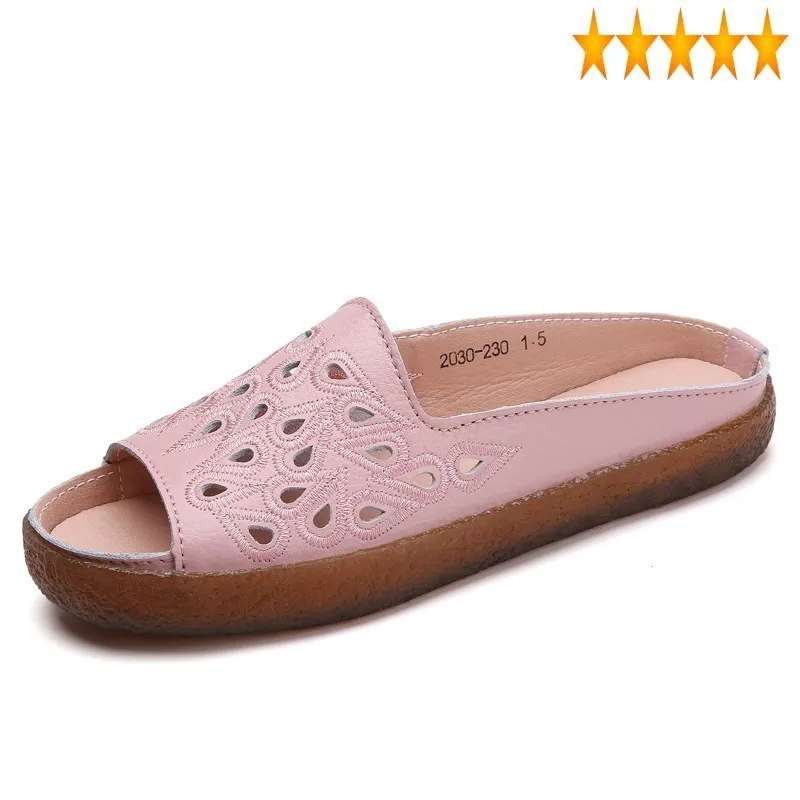 

Flat Fashion 2021 Summer Women Hollow Out Printing Leather Leisure Home Slippers Female Casual Shoes