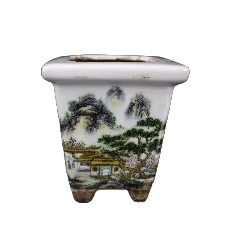 

China Old Porcelain Pastel Landscape Pattern Square Flowerpot