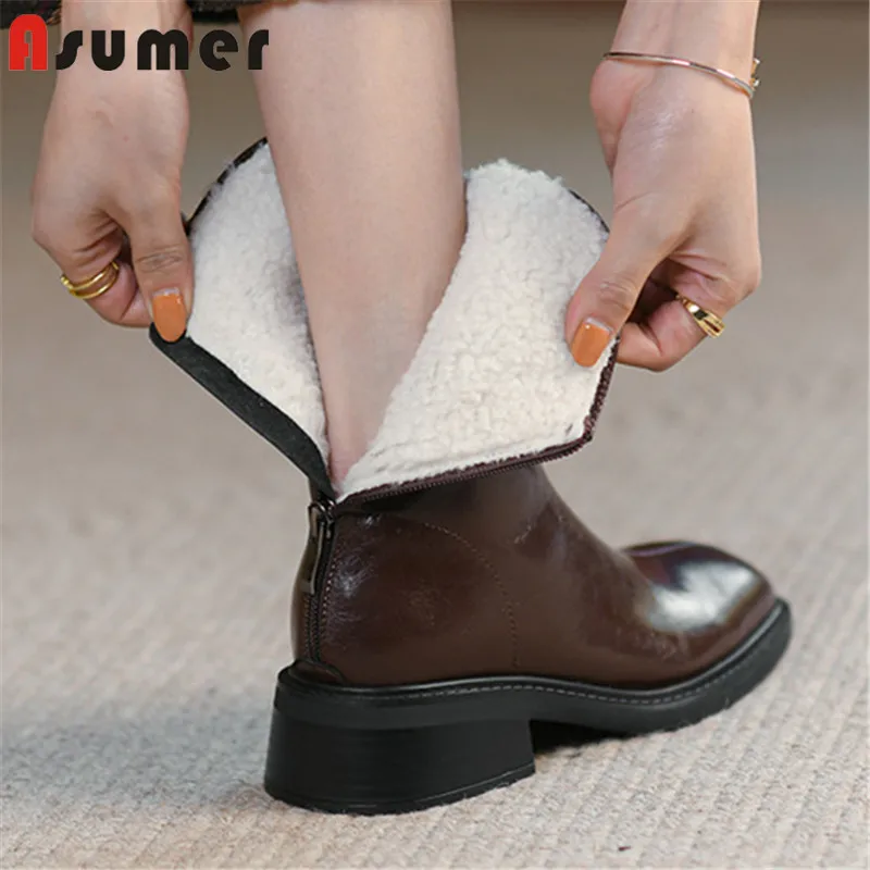 

Asumer 2022 New Arrive Genuine Leather Boots Women Winter Snow Boots Square Toe Low Heels Chelsea Boots Women Ankle Boots