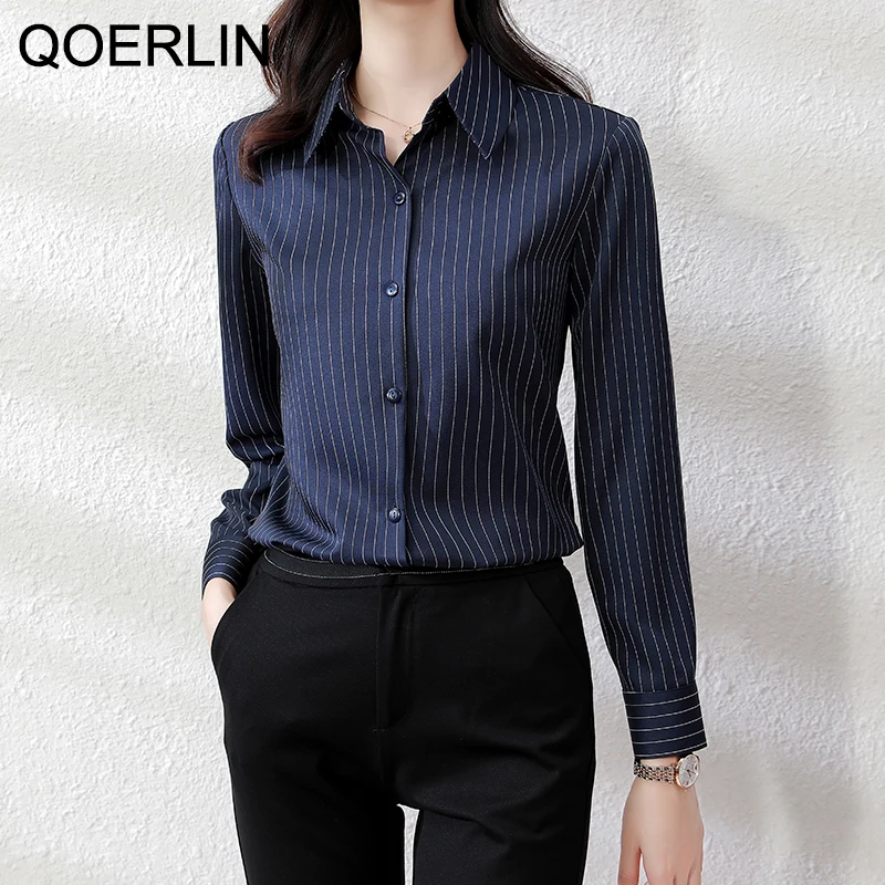 QOERLIN High End Striped Shirt Female OL Formal Temperament Long Sleeve Tops Blouse Women Turn-Down Collar Loose Casual Blusas