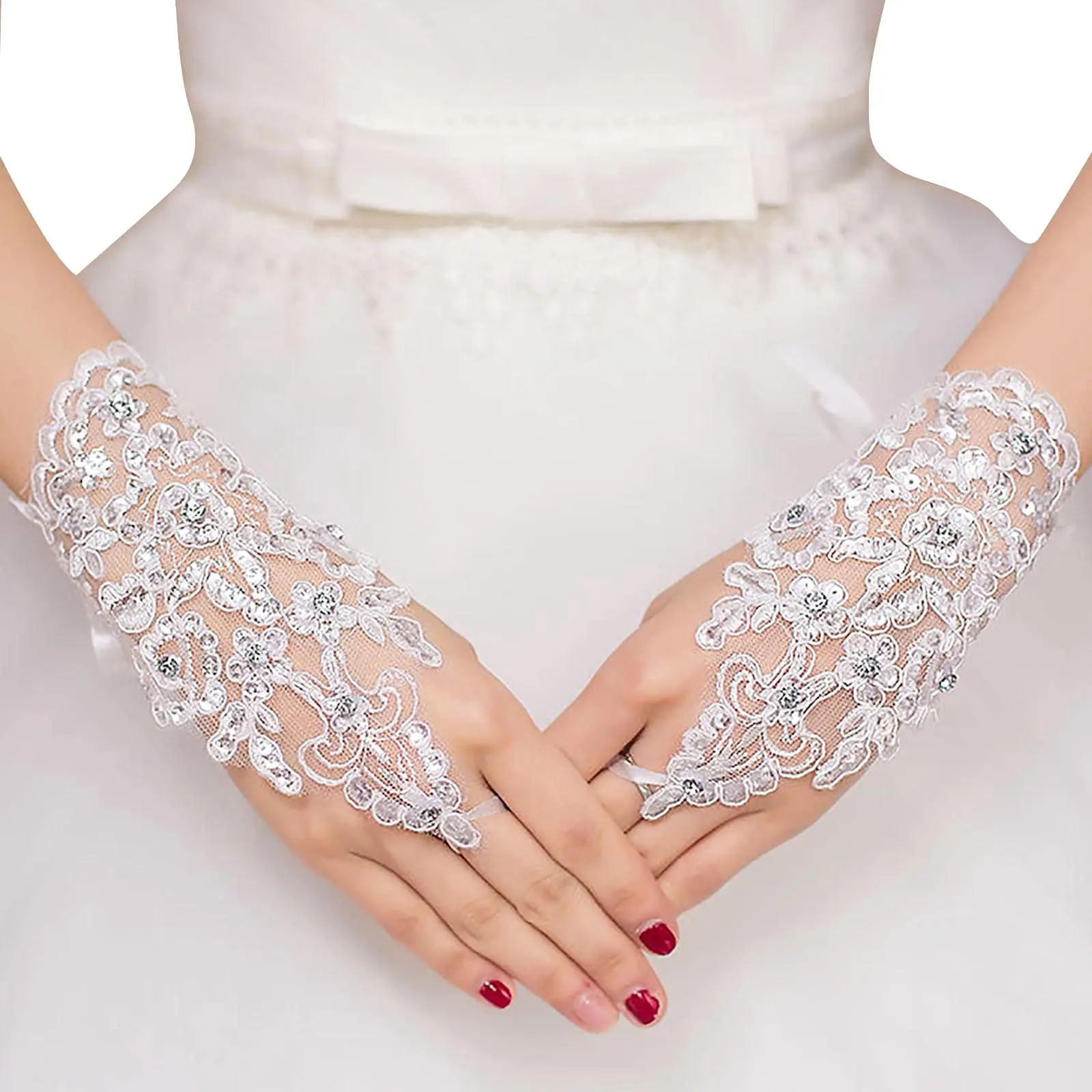 Laço branco luvas de casamento cristal tule fingerless luvas de noiva cintura manguito luvas femininas flor luvas curtas para noiva