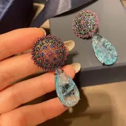 Bilincolor Fashion Blue Broken Cubic Zirconia Luxury Elegant Drop Bridal Earring for Women Vintgage Flower Wedding Jewelry