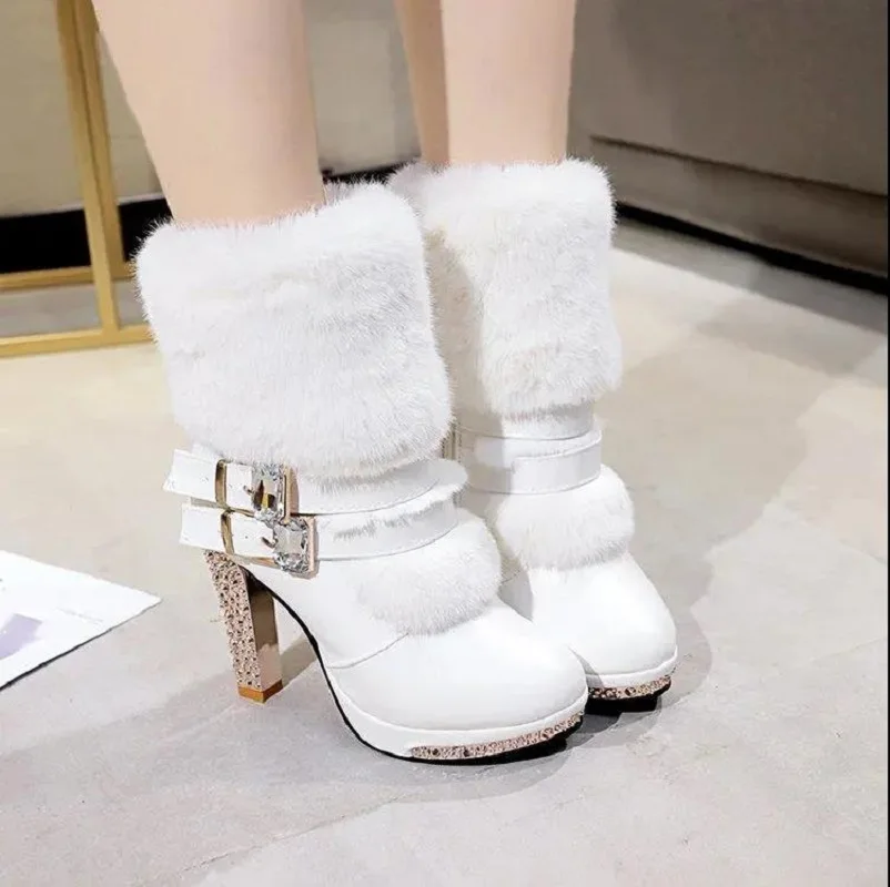 Women High Quality White Pu Leather Side Zipper High Heel Boots Botas Femininas Lady Classic Winter Warm Fur Boots Bottes G2848