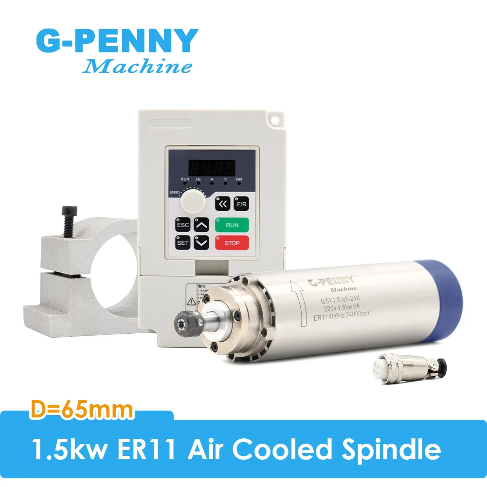 G-Penny 1.5kw ER11 65x204mm 220v Air Cooled Spindle 4 pcs Bearings & 1.5kw VFD & 65mm bracket / holder