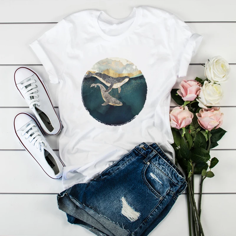 Vrouwen Walvis Vis Leuke Kunst Schilderij Dames Dames Tops Esthetische Kleding Stijlvolle 2021 Dame T-shirt Tumblr T-shirt T-shirts