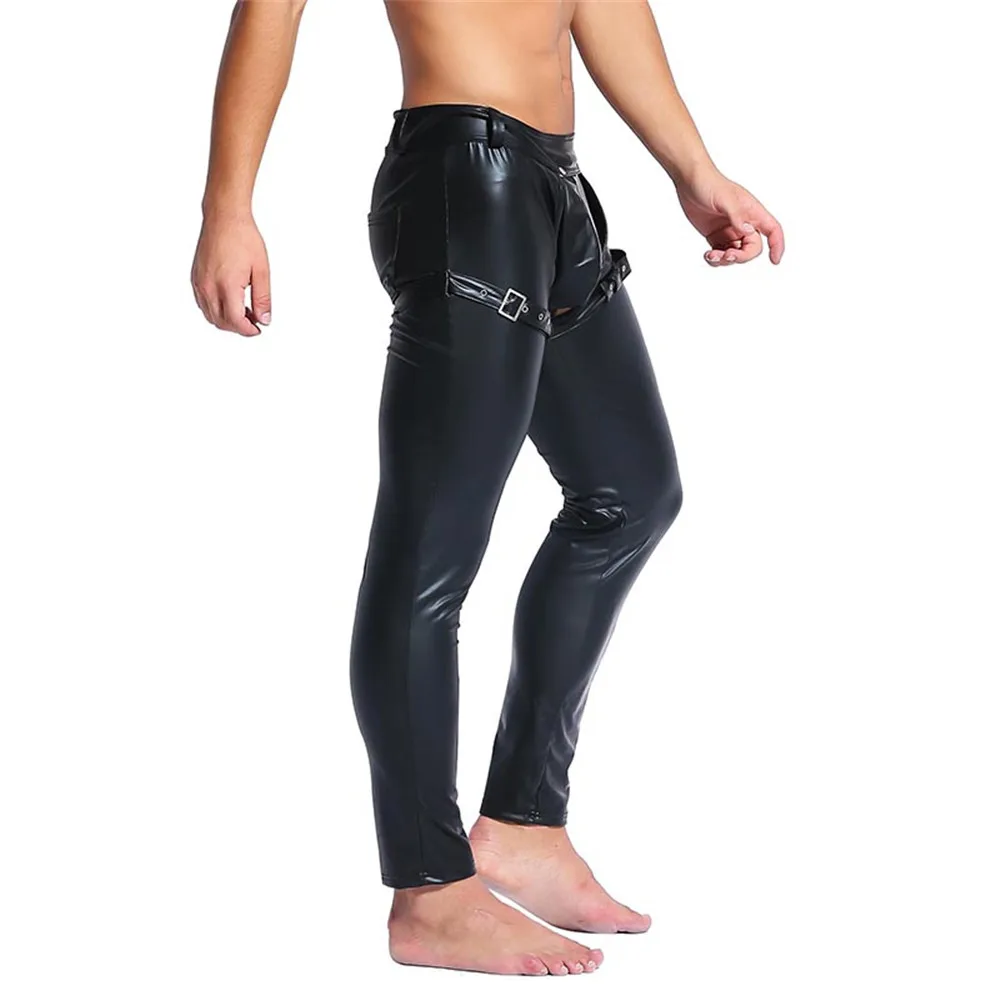 Pantalones ajustados de piel sintética para hombre, mallas sexys para discoteca, cuero PU, bailarina negra, pantalones largos con frente abierto