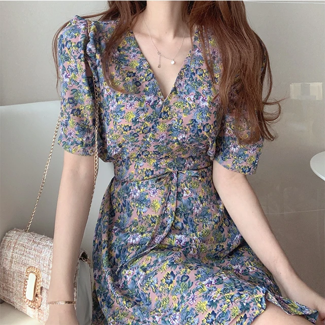 S-XL 2020 New New Summer Dress Girls Boho Party Female Vintage Dress chiffon Print short Sleeve Women Dresses Robe Vestido