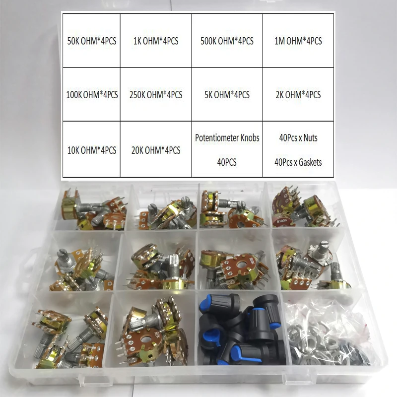 

160pcs Wh148 20MM Dual Gang Stereo 6pin Potentiometer kit 1k 2K 5k 10k 20k 50k 100k 500k 1Mwith knobs Single Set Shaft Nuts