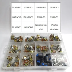 160pcs Wh148 20MM Dual Gang Stereo 6pin Potentiometer kit 1k 2K 5k 10k 20k 50k 100k 500k 1Mwith knobs Single Set Shaft Nuts