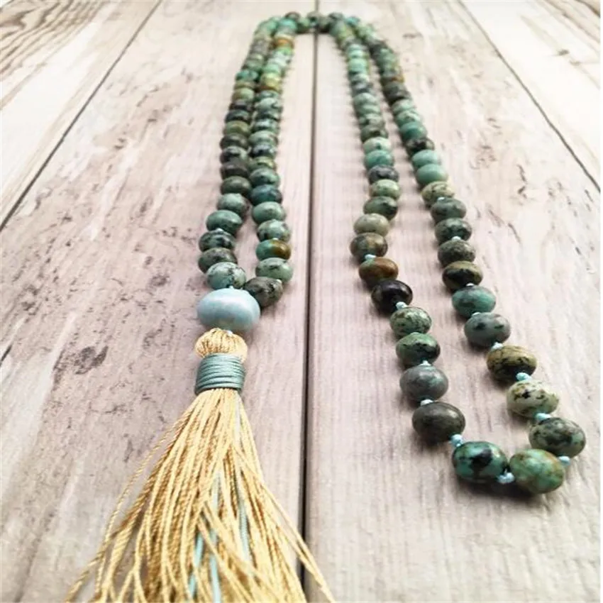 

6mm Natural Africa Turquoises 108 Beads Mala Tassels Necklace Gemstone Healing spirituality Unisex cuff Zazen energy yoga Prayer