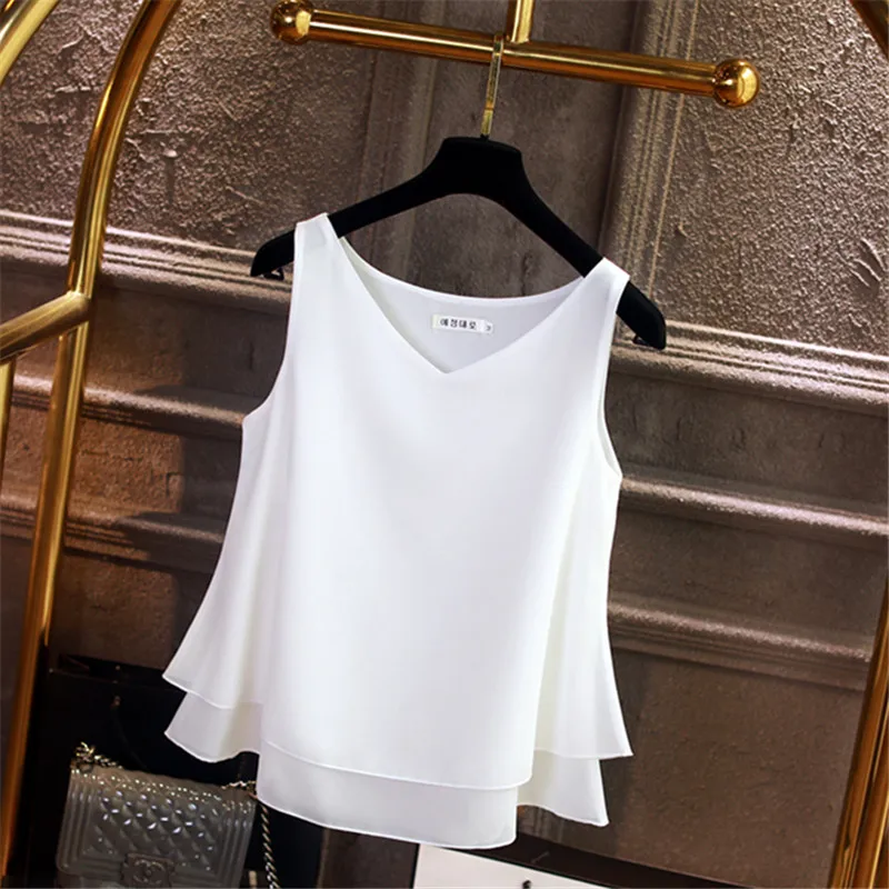 2022 New Fashion Women\'s Blouses Summer Sleeveless Chiffon Shirt Solid V-neck Casual Blouse Loose Oversized Female Tops blusas