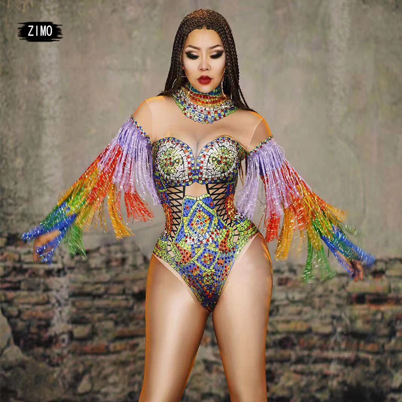 

fashon Tassel sparkle Rhinestones Bodysuit Women Multicolor Sexy Crystal leotard fringe Dance Ds Party Bar Festival pole Clothes