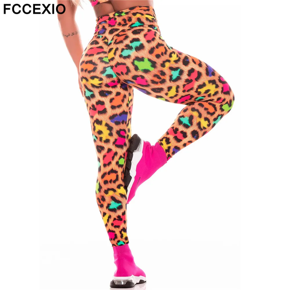 FCCEXIO Leggings da donna Color grano leopardo Fitness moda Sexy Leggings attillati Leggings sportivi pantaloni da allenamento a vita alta