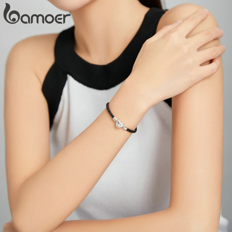 bamoer Silver Black Cross Bracelet 925 Sterling Silver Basic Leather Chain Bracelets for Women Engagement Jewelry Gift SCB205