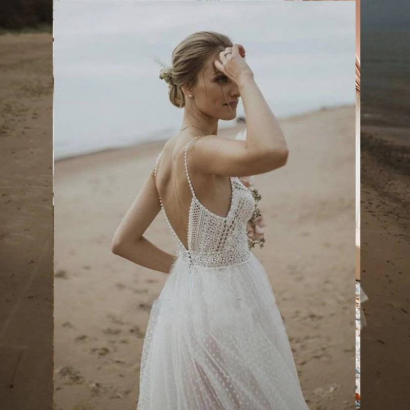 Princess Wedding Dress Bohemian Rustic Boho Civil Sweep Train Bridal  Gown Sleeveless Spaghetti Strap Beach Elegant For Women