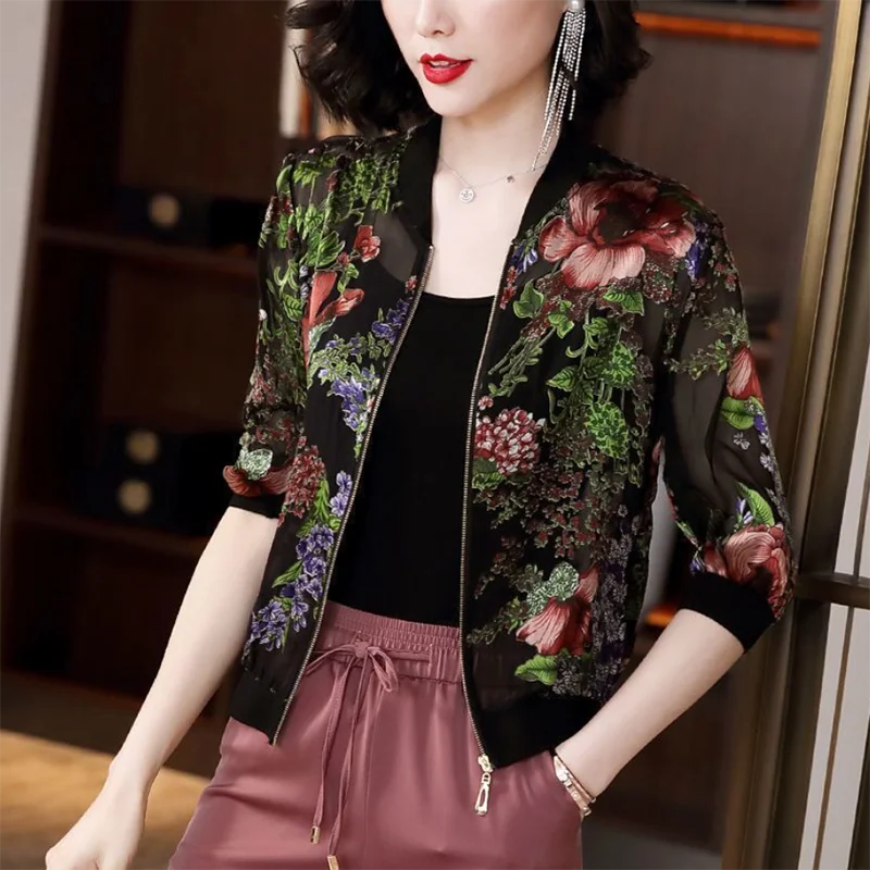 

Chiffon Printed Baseball Uniform Short Jacket Half Sleeve Women 2024New Summer Coat Sun Protection Clothing Female 517