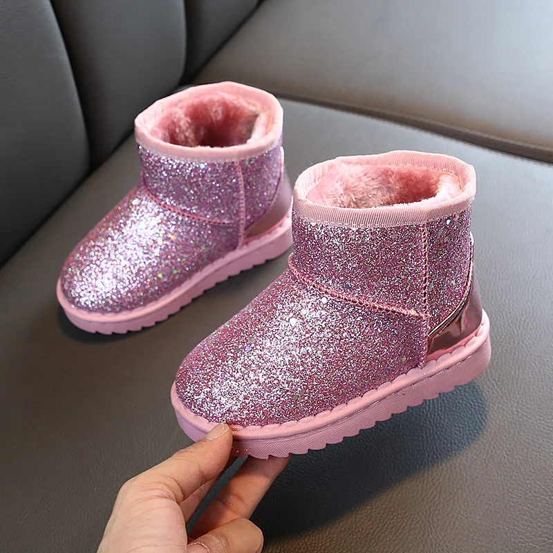 Children\'s Sequin Snow Boots Baby Girls Soft Princess Boots Thickened Plush Boots New Winter Warm Flat Kids Sport Shoes D984