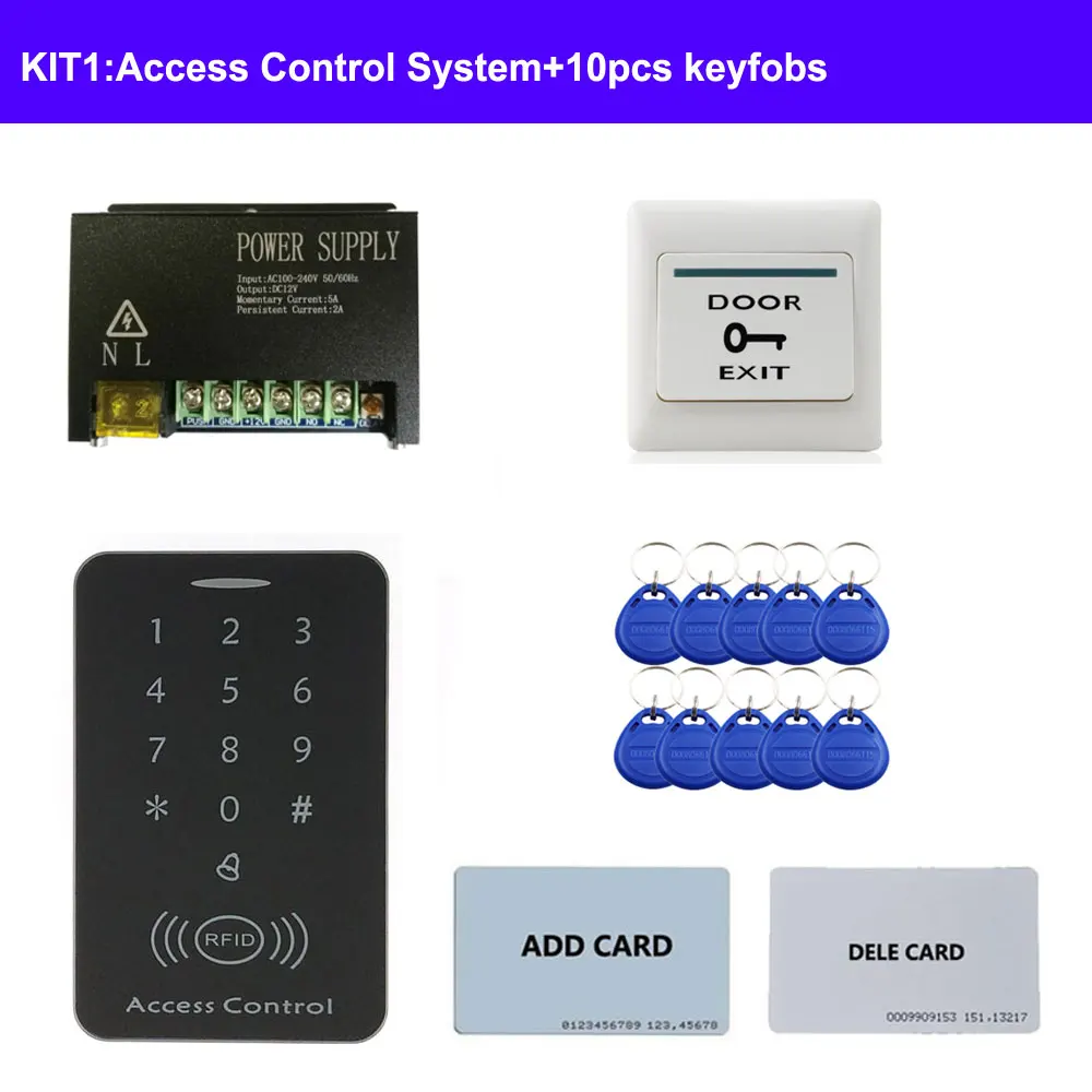 Door Access Control System Kit RFID Keypad + Power Supply + Lock + Exit Button Support 1000 Users 2pcs Mother Card 10pcs ID Tags