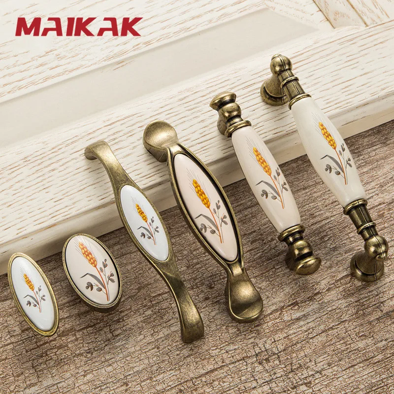 Antique Bronze Ceramic Cabinet Handles Zinc Alloy Drawer Knobs Pulls Wardrobe Door Handle European Furniture Handle Hardware