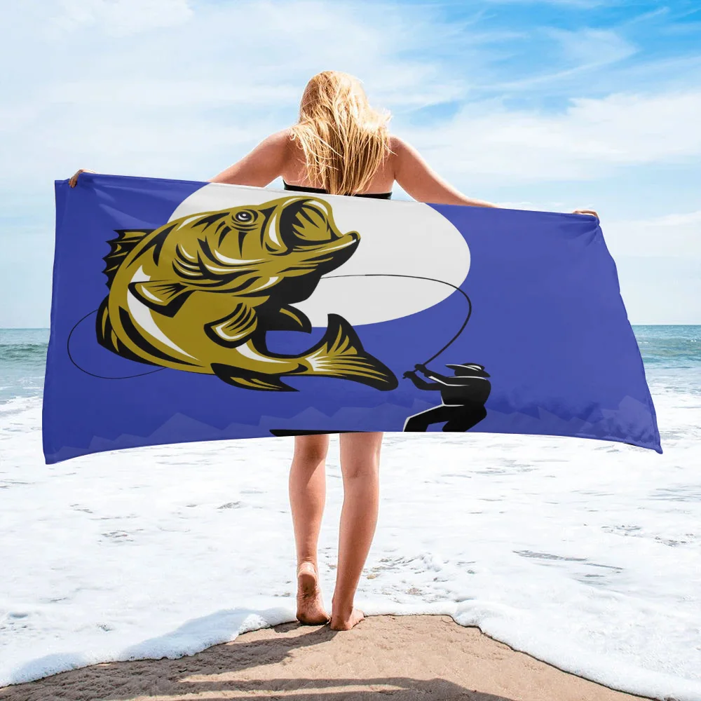 Largemouth Bass Fisherman Fishing Rod Bath Towel Microfiber Beach Towel Bathroom Supplies Bath Towels for Adults