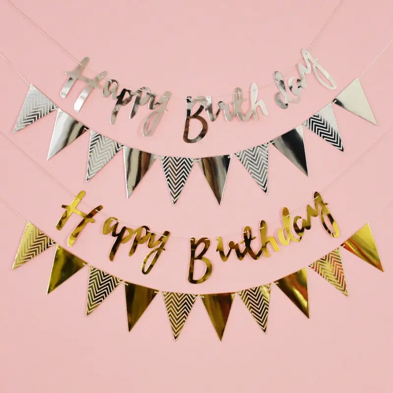 

Happy Birthday DIY Decoration Desktop Gold Silver pull banner paper Party Anniversary Wedding Children Holiday Decor supplies