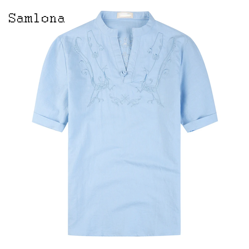 

Fashion V-neck T shirt Men clothing Summer Short sleeved Solid color Casual Flower Embroidery Pullovers Linen Thin Tshirt Mens