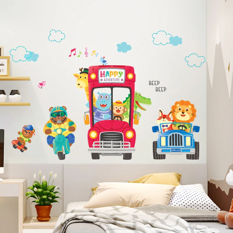 Cartoon Cute Bus Animals Wall Stickers For Kids Rooms Boy Child Bedroom Wall Decoration Self Adhesive Vinyl Sticker Wallpapers