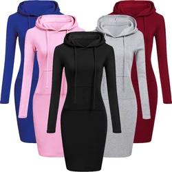 Vestidos de sudadera de moda para mujer, vestido informal con capucha y bolsillo, Mini Vestido de manga larga de Color sólido