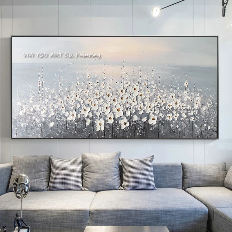 

White Flower Sunrise Hope Modern Oil Hand-Painted Canvas Wall Art Painting Abstract Art Picture for Living Room Home Decor