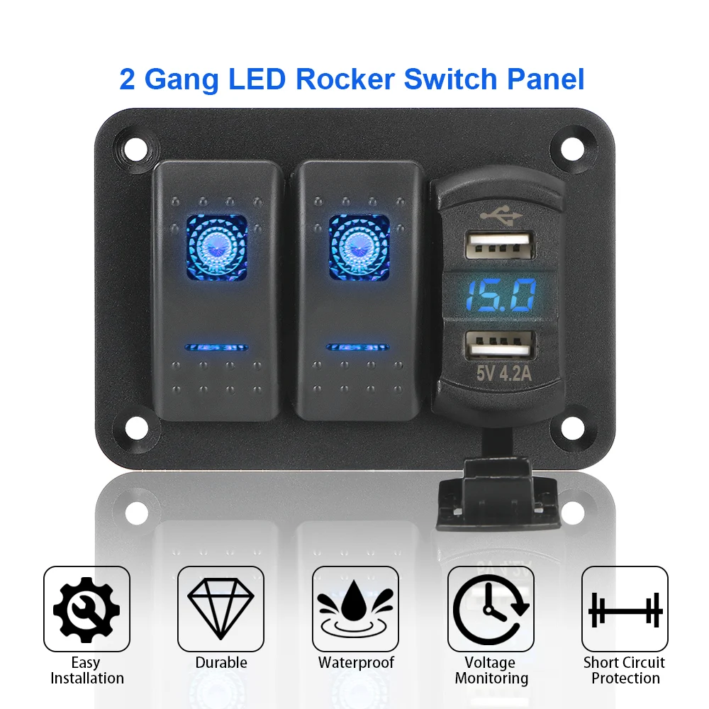 12/24V Rocker Switch Panel Dual USB Port for Car Marine Ship LED Rocker Switch Panel Circuit Breaker LED Voltmeter Waterproof