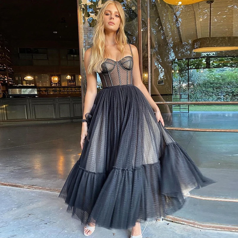 LORIE Elegant Prom Dresses 2021 Sweetheart Spaghetti Strap A-Line Tulle Black Polka Dot Party Dress Celebrity Graduation Gown