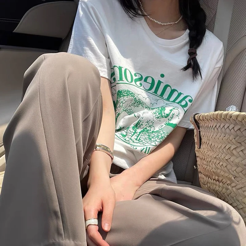 6024 America Jamieson Sheeps Printed Vintage 90s Tshirt female White Cotton Short Sleeve Graphic Tees Loose Kpop Women T Shirt