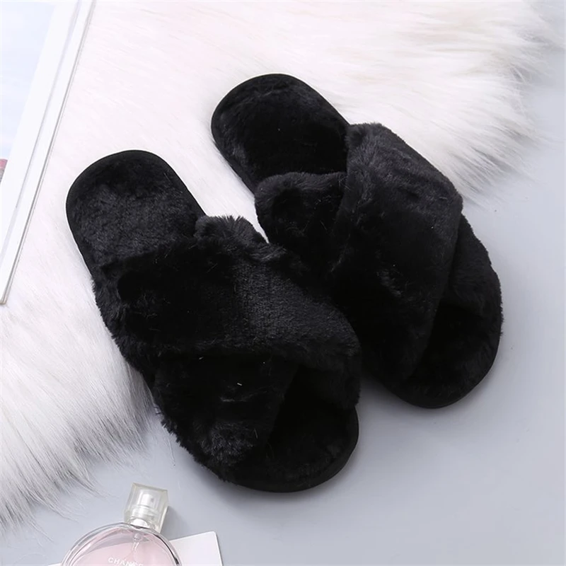 2023 inverno casa scarpe donna pantofole casa calda pelliccia sintetica signore croce morbida peluche peloso femminile Open Toe diapositive scarpe