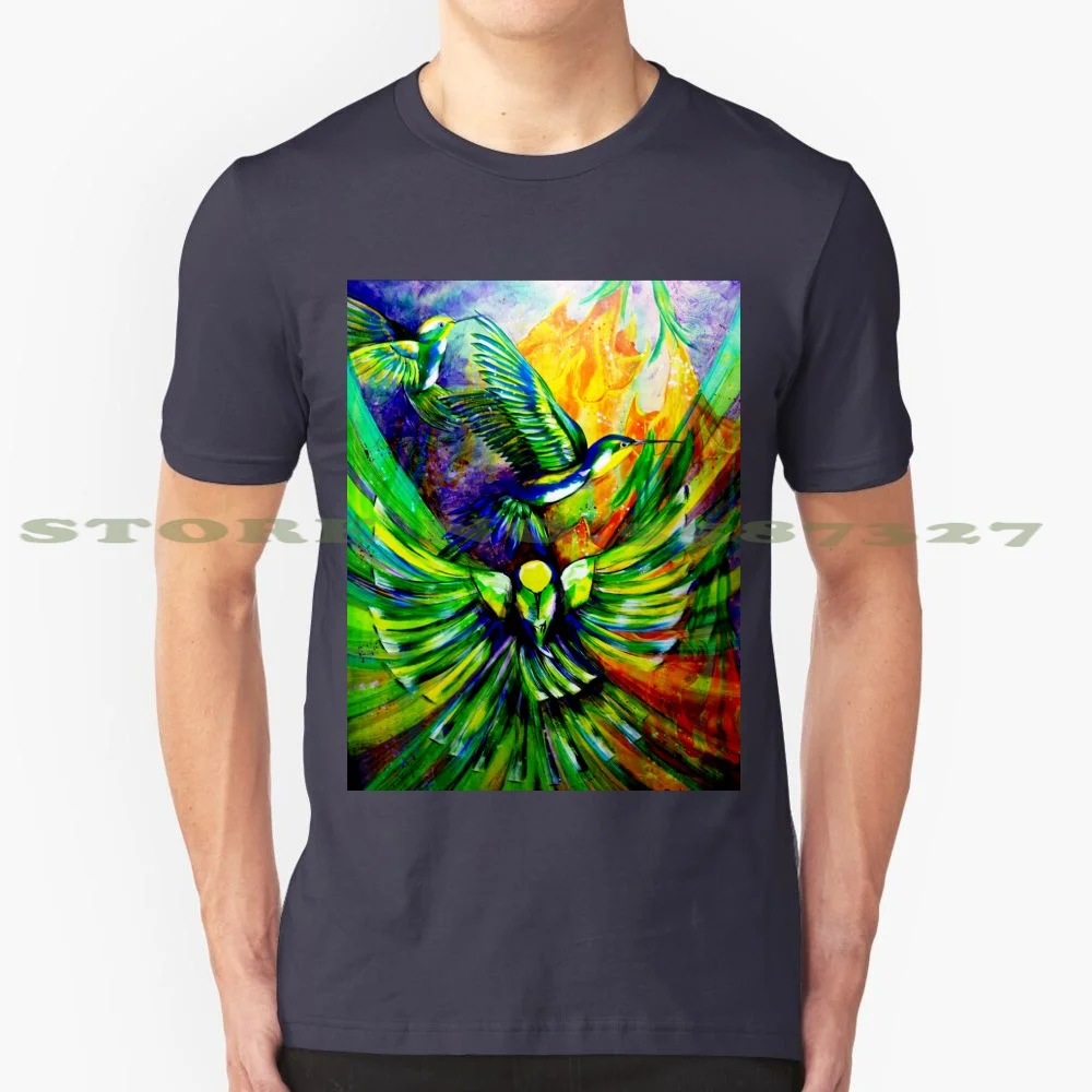 Delight 100% Cotton T-Shirt Hummingbirds Flight Wings Feathers Flowers Honey Eaters Nectar Painting Franciska Australia Oz