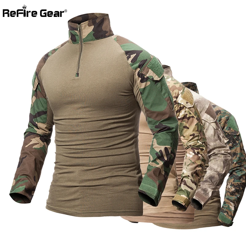 

ReFire Gear Camouflage Army T-Shirt Men US RU Soldiers Combat Tactical T Shirt Military Force Multicam Camo Long Sleeve T Shirts