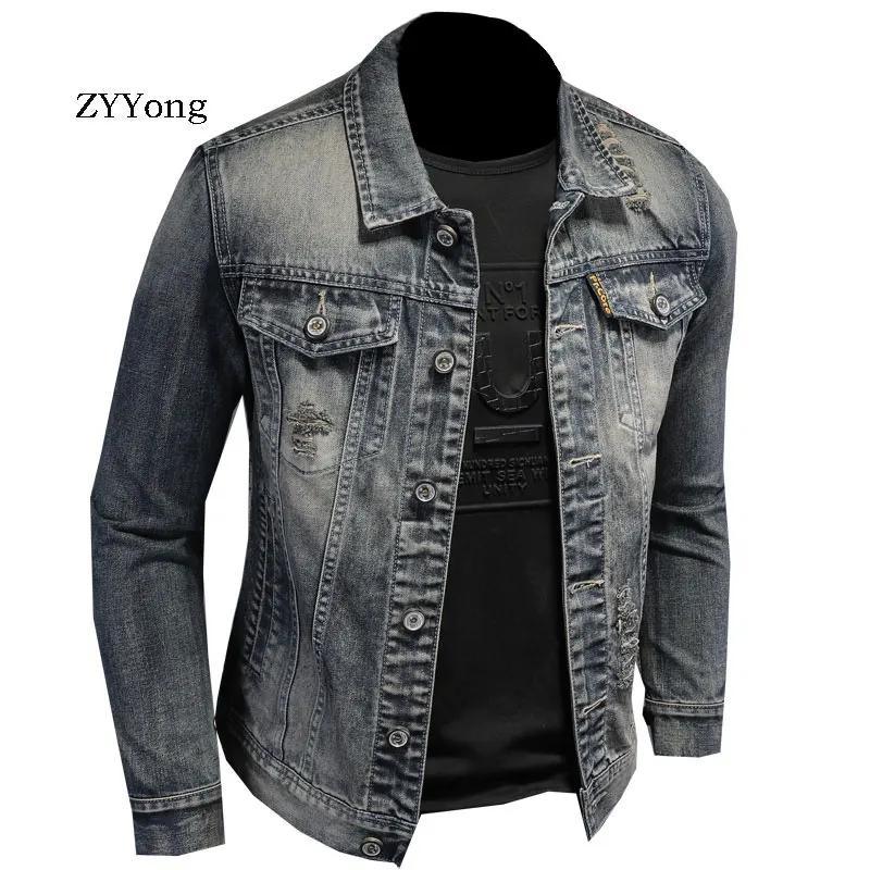 Spring Bomber Grey Ripped Denim Jacket For Men Tattered Jean Coats Motorcycle Slim Casual Outwear Clothing Overcoat Outwear