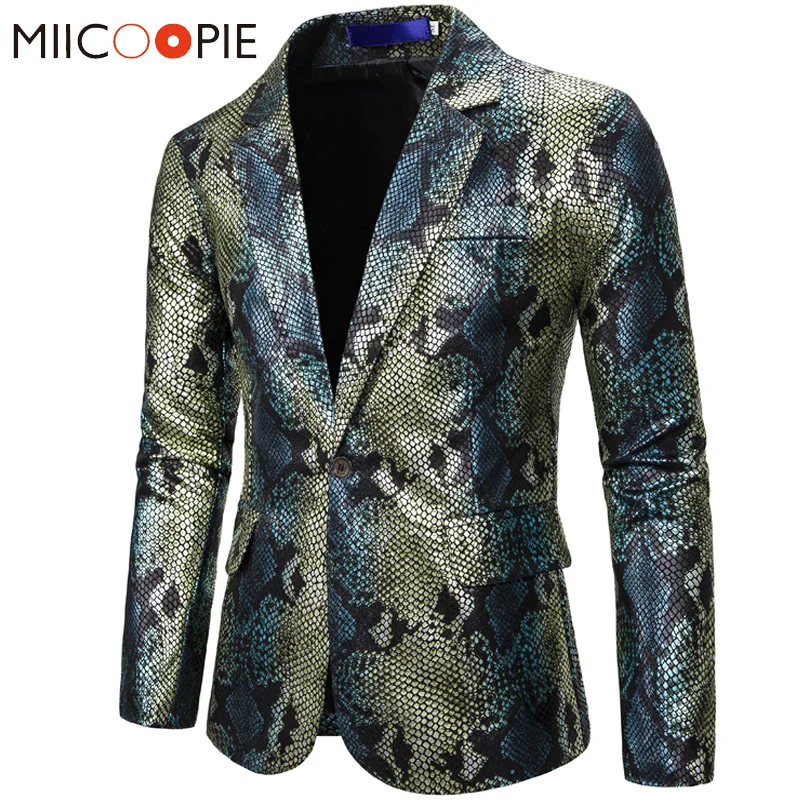 Blazer Hombre 2019 Nuovo marchio di lusso 3D Pelle di serpente Stampato Affari Affari Abito da palcoscenico per matrimonio Casual Slim Fit Giacca da uomo