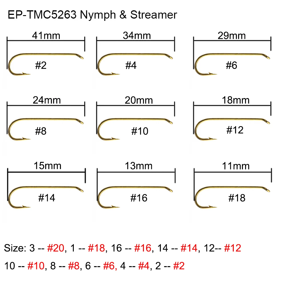 100pcs Eupheng EP-TMC5263 Nymph And Streamer Fly Fishing Hook Bronze Color 2X Heavy 3X Long Nymph Flies Hook Streamer Flies Hook