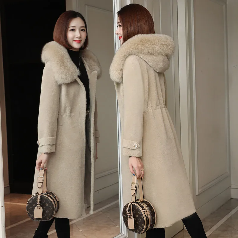 

Winter Real Fur 2020 Coat Women Fox Fur Collar Hooded Long Sheep Shearing 100% Wool Jacket Korean Style Manteau Femme KJ3437