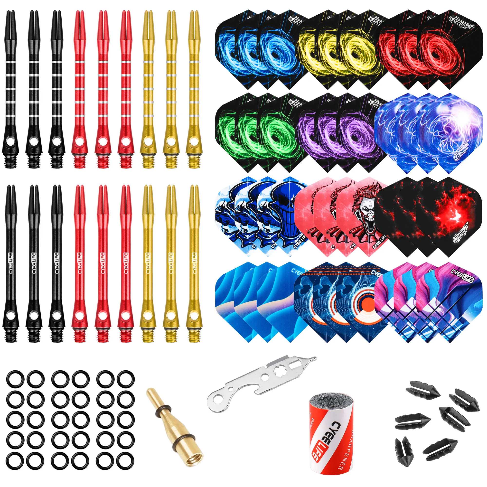 CyeeLife Dart Accessories Kit,18 Aluminium Shafts+36 Flights+100 Rubber Rings&2 Tools+6 Plastic Protectors+Sharpener