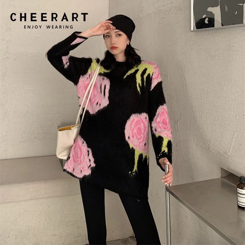 CHEERART Winter 2021 Fall Fashion Flower Sweater Pullovers Black Crewneck Knitted Fluffy Long Sleeve Sweater Ulzzang Jumper