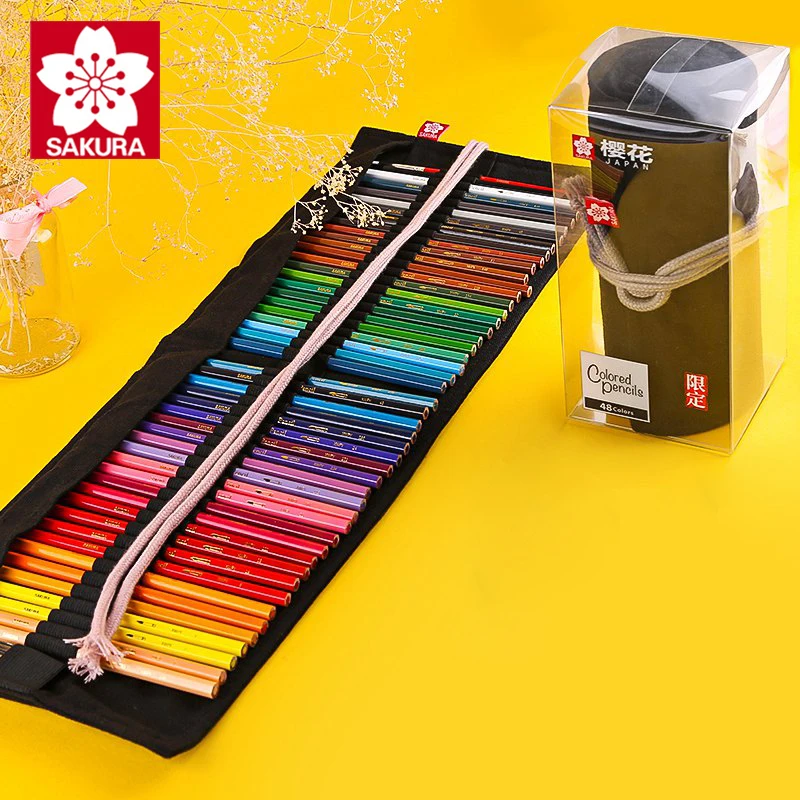 Japanese SAKURA  48-color black professional oil/water colored pencil set, suitable for artistic coloring and painting