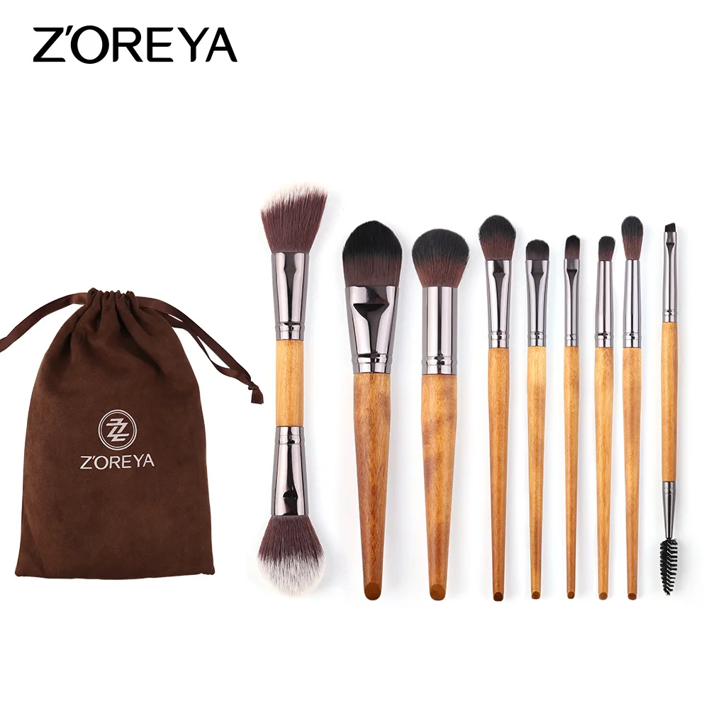 Zoreya 9 Faux Walnut Makeup Brush Set Beginners Portable Artificial Fiber Beauty Brush Cosmetic Gift for Women  ZZ9